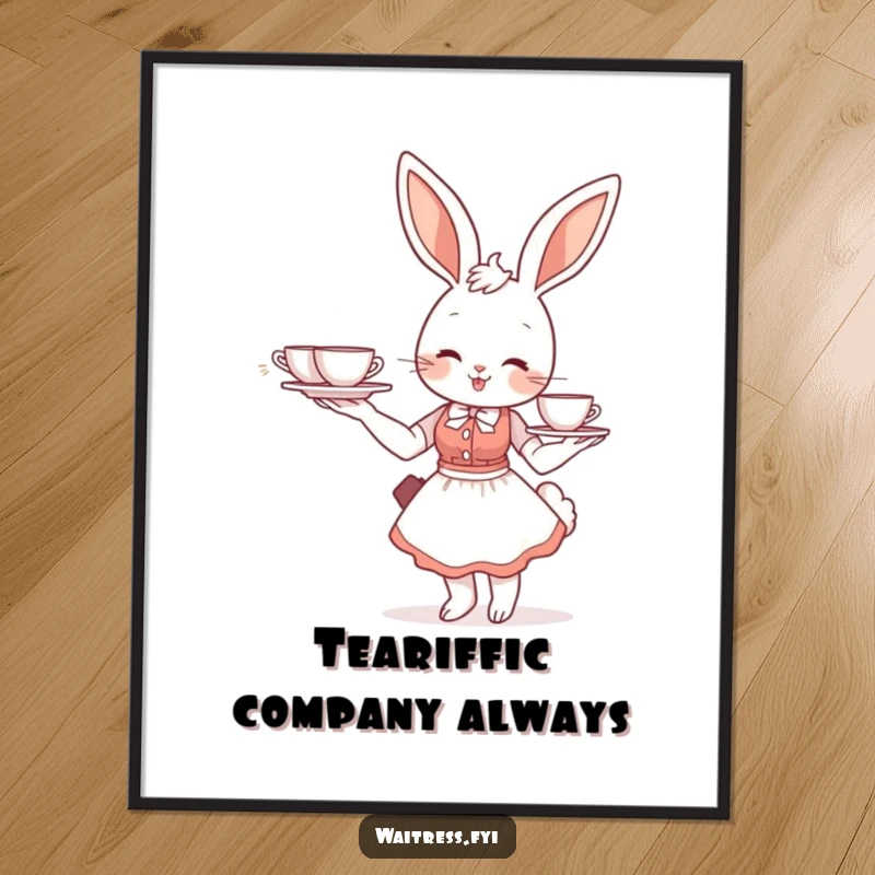 Funny Free Printable Wall Art: A smiling bunny waitress with impeccable balance, holding a tray of teacups.