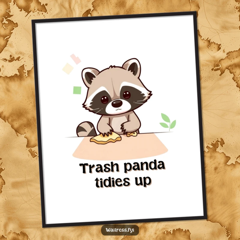 Funny Free Printable Wall Art: A busy Kawaii raccoon wiping down a table with a cloth, looking focused.