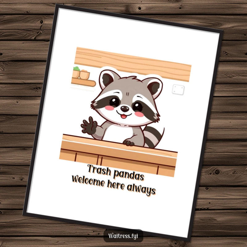 Funny Free Printable Wall Art: Delighted raccoon offering a friendly wave from behind a counter, ideal for downloadable decor.