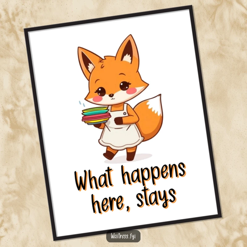 Funny free printable orange fox character with an apron, happily carrying colorful plates, digital art.