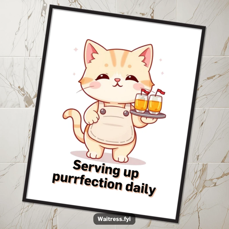Funny Free Printable Wall Art: Kawaii cat in apron, balancing a tray of drinks with precision and adorable style.