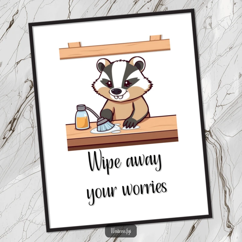 Funny Free Printable Wall Art: Determined badger proudly wiping a shiny surface with a focused, grinning expression.