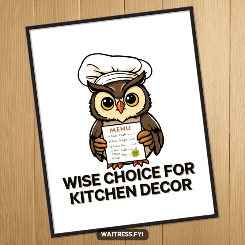 Funny Free Printable Wall Art: A chef owl wearing a tall hat presents a glowing menu, adding humor and charm to any room.