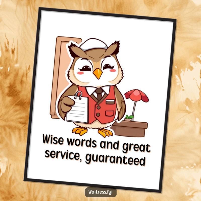 Funny free printable wall art: A smiling owl wearing a restaurant vest and holding a notepad, looking quite astute.