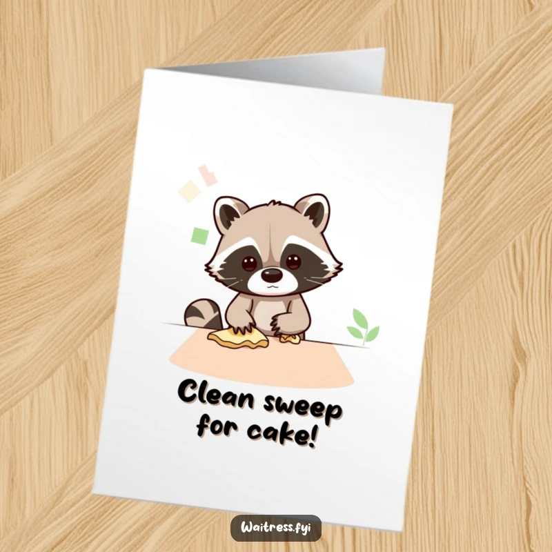 Funny Free Printable Birthday Card: Busy Kawaii raccoon diligently wiping a table, wishing a spotless birthday.