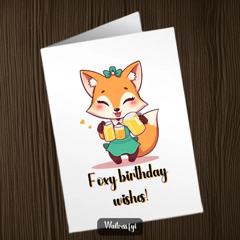 Funny Free Printable Birthday Card: Playful fox waitress winks while pouring juice, perfect for a sly birthday wish.