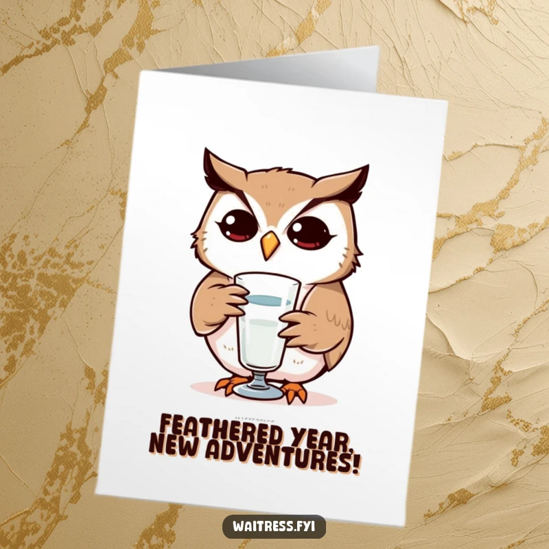 Funny Free Printable Birthday Card: Determined owl carefully refilling a glass, focused humor, a downloadable gift.