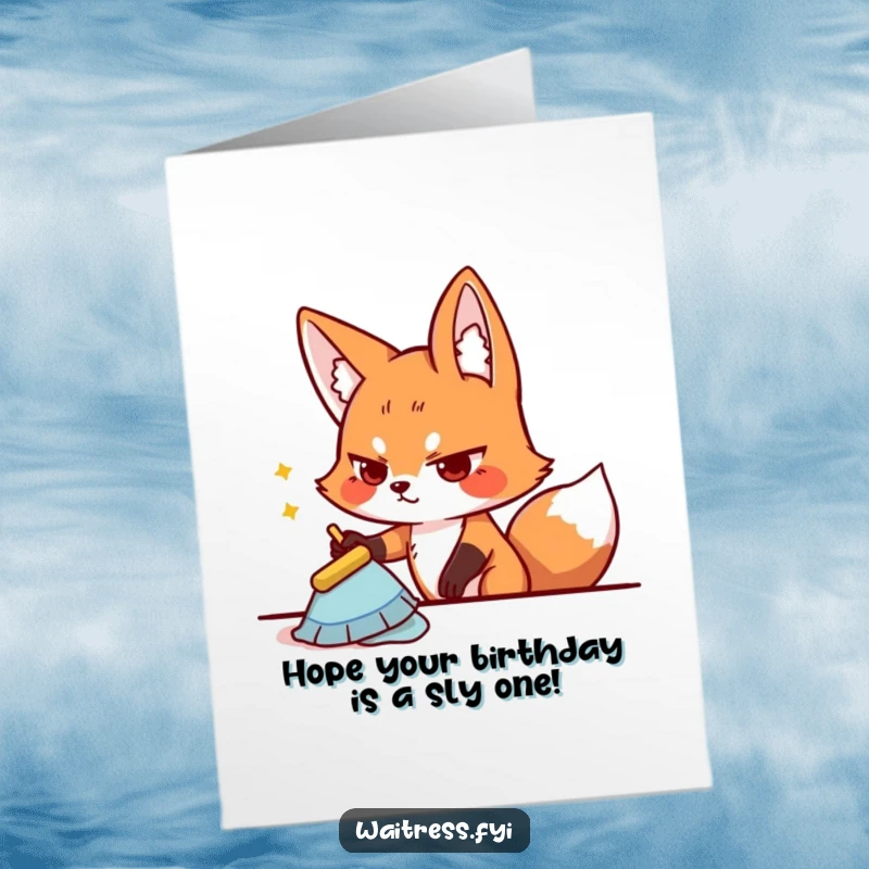 Funny Free Printable Birthday Card: A playful fox wipes a table with determination, ready for birthday celebrations.