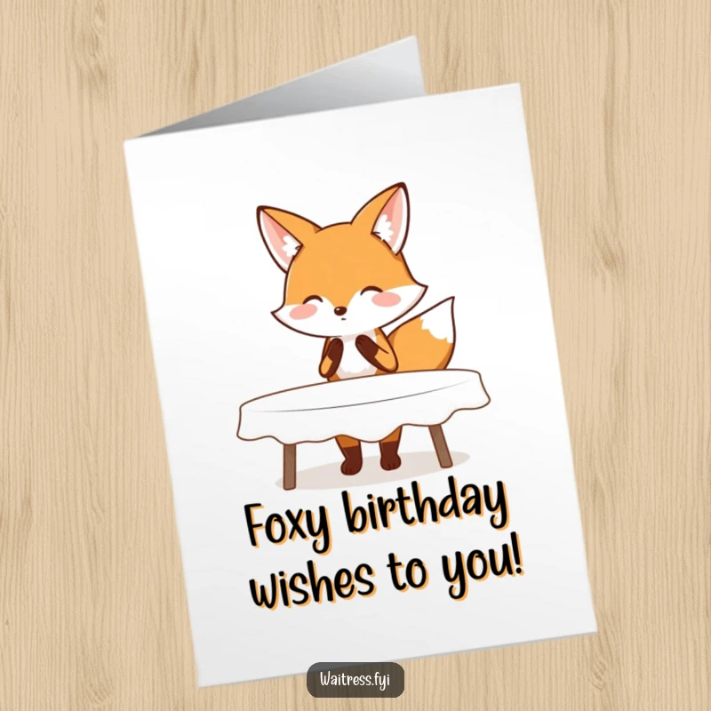 Free Printable Birthday Card: A blushing fox performs a polite curtsy while clearing a table, adding grace to birthday wishes.
