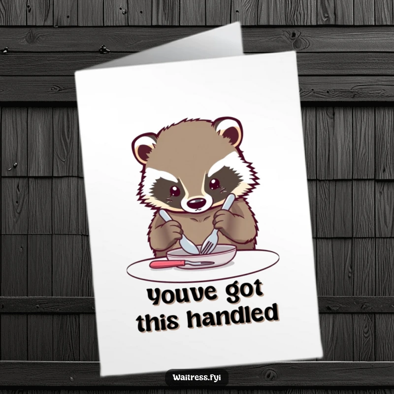Funny Free Printable Birthday card depicting a kawaii badger precisely arranging cutlery with intense concentration for a perfect celebration.