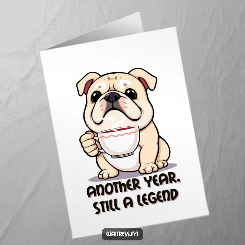 Funny Free Printable Birthday Card: A proud bulldog proudly presents a steaming cup with a flourish.