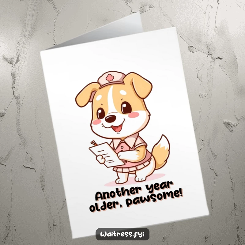 Funny Free Printable Birthday Card: A dog in a waitress uniform smiles while taking an order.