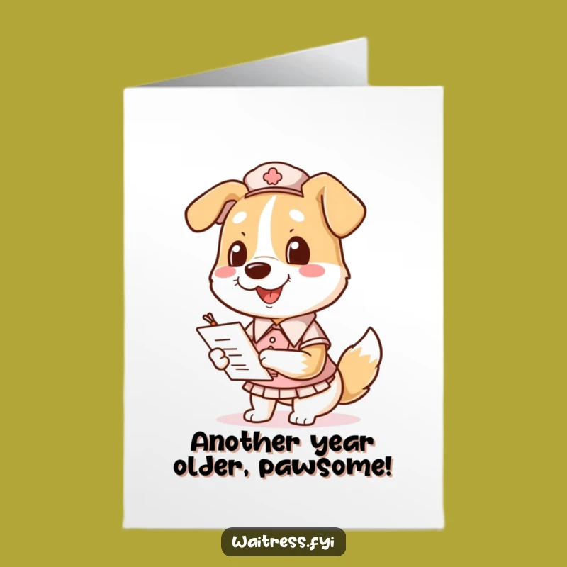 Free Printable Birthday Card: Funny Dog Waitress Taking Orders DIY Gift