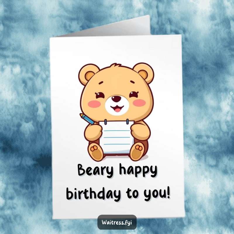 Funny Free Printable Birthday Card: Happy Kawaii bear holding notepad and pen, ready to jot down birthday wishes.