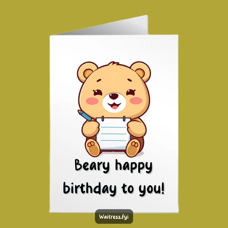 Free Printable Birthday Card: Funny Kawaii Bear Takes Your Order for Fun