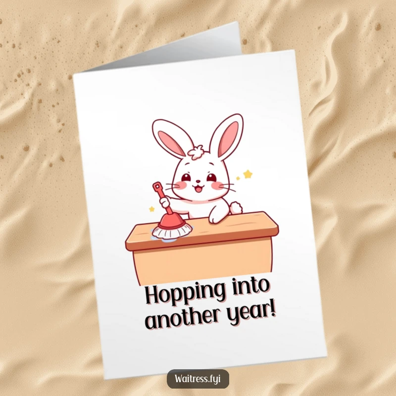 Funny Free Printable Birthday Card: Kawaii bunny joyfully wipes table, spreading cleanliness and birthday cheer.