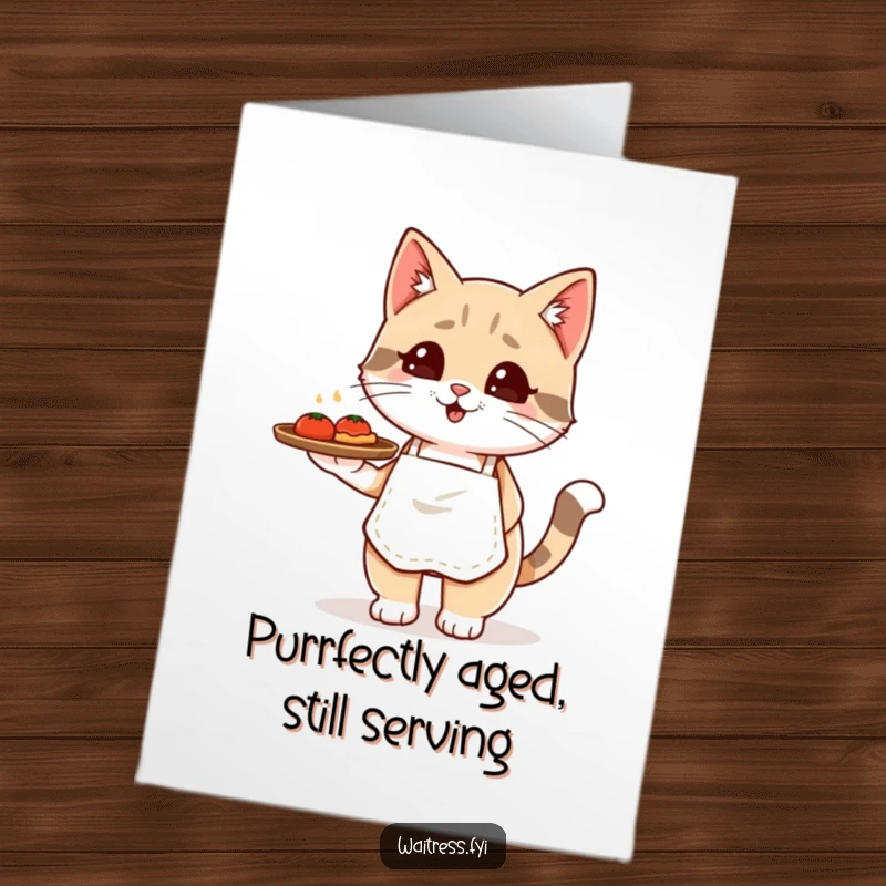 Funny Free Printable Birthday Card: Kawaii cat in apron precariously balancing food tray, ready to serve.