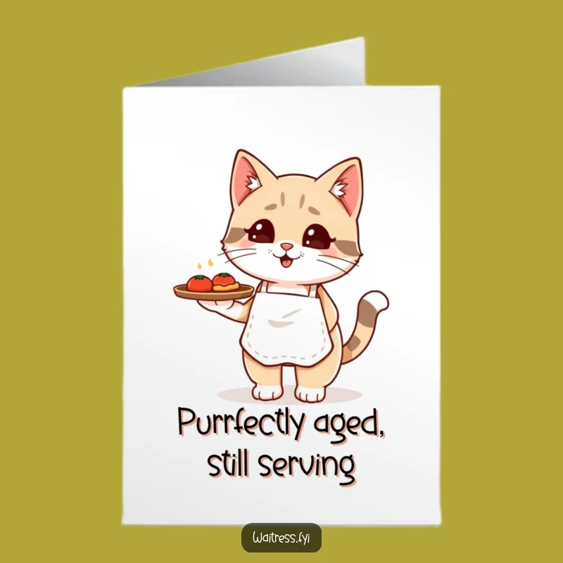Free Printable Birthday Card: Funny Kawaii Cat Waiter Serving Joyful Treats