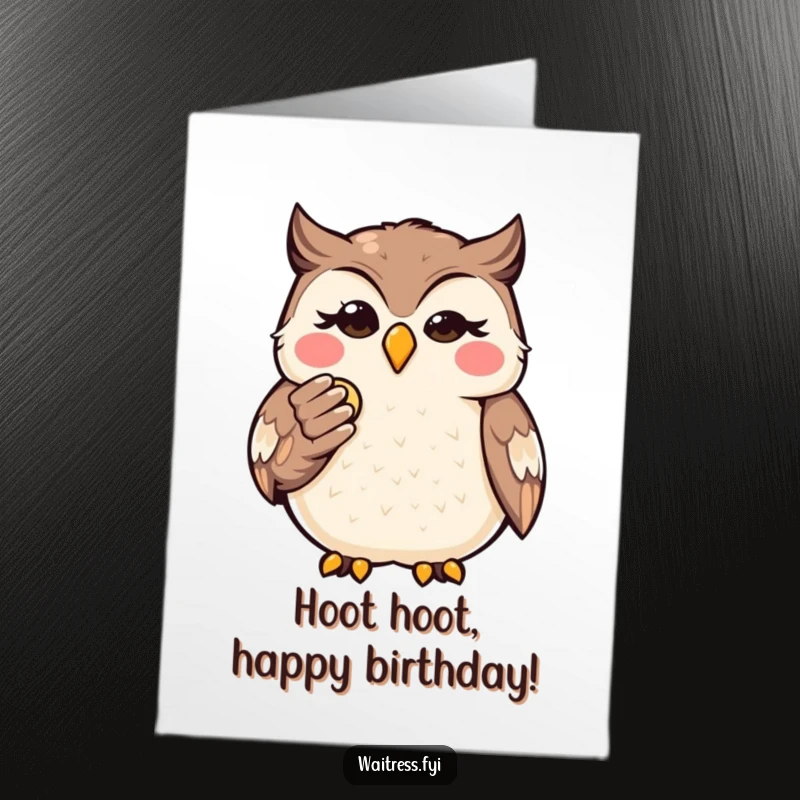 Free Printable Birthday Card: Witty Kawaii owl gracefully presenting a bill with a mischievous wink, celebrating you.
