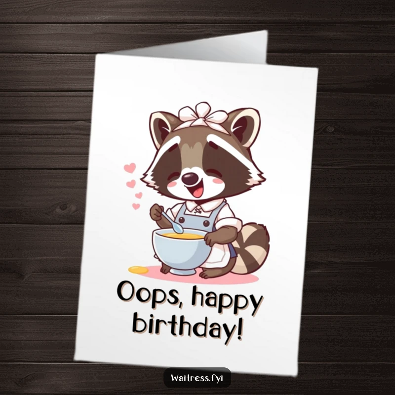 Funny Free Printable Birthday Card: A Giggling raccoon waitress spills pretend soup with a wide smile, ready for a birthday wish.