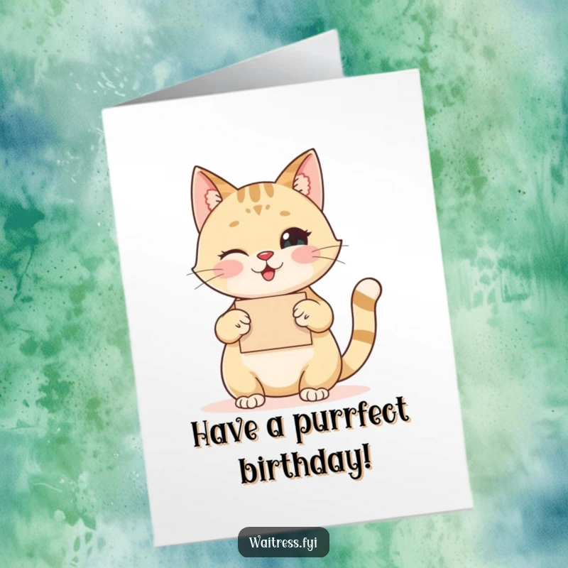 Funny Free Printable Birthday Card: A happy cat politely nods while taking an order with a twinkling eye.