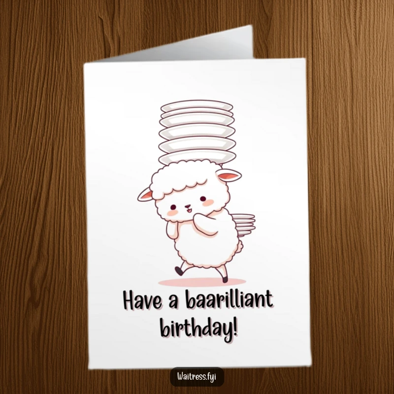Funny Free Printable Birthday Card: Sheep Struggles with Tall Plate Stack, Adorable and Clumsy, Whimsical Animal.
