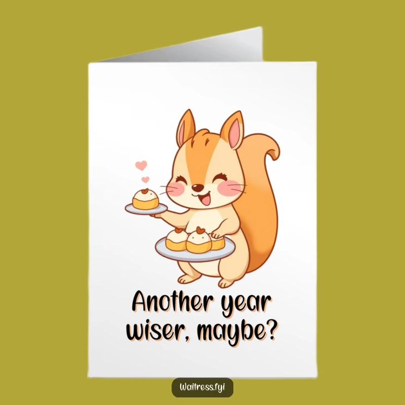 Free Printable Happy Birthday Card: Funny Kawaii Squirrel Pastry Delivery! A Cute Downloadable Gift.