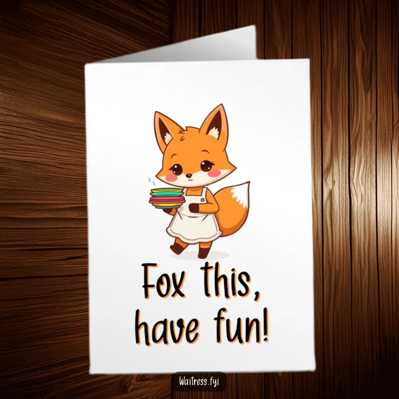 Funny free printable orange fox chef carrying plates, ideal for a birthday card.