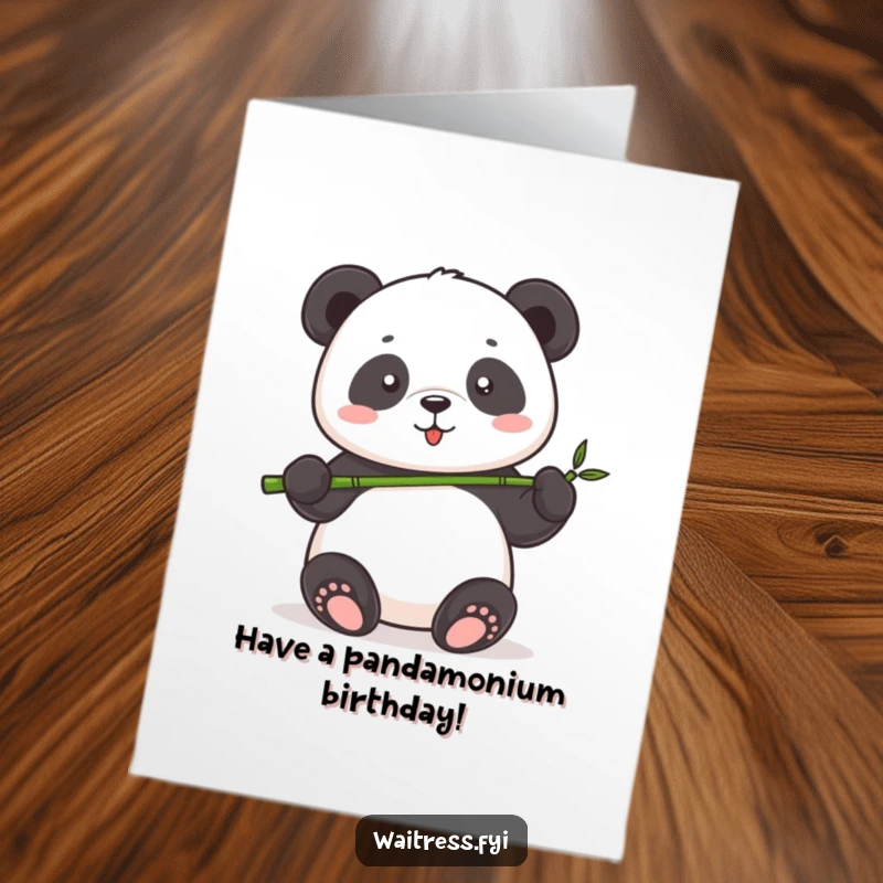 Free Printable Panda Birthday Card: A cute panda proudly presenting a tiny bamboo shoot, wishing someone a very happy birthday.
