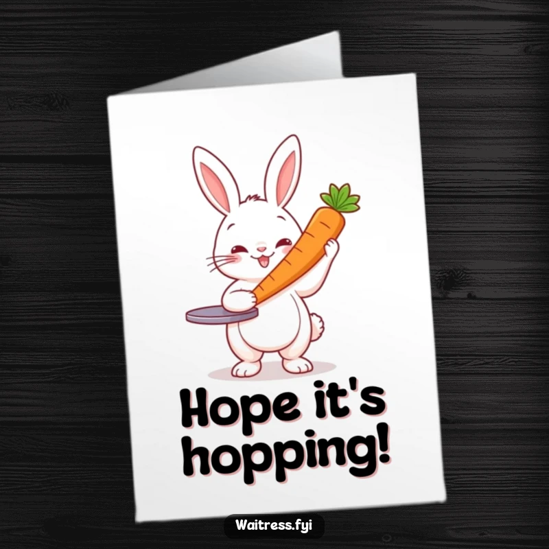 Funny Free Printable Birthday Card: Cheerful rabbit server presenting a perfect carrot, wishing a happy birthday.