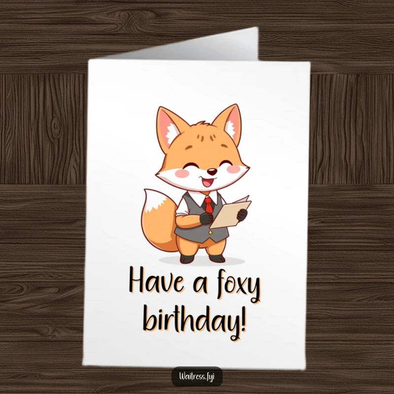 Funny Free Printable Birthday Card: A cheerful fox waiter with a notepad and pen, happily taking an order.