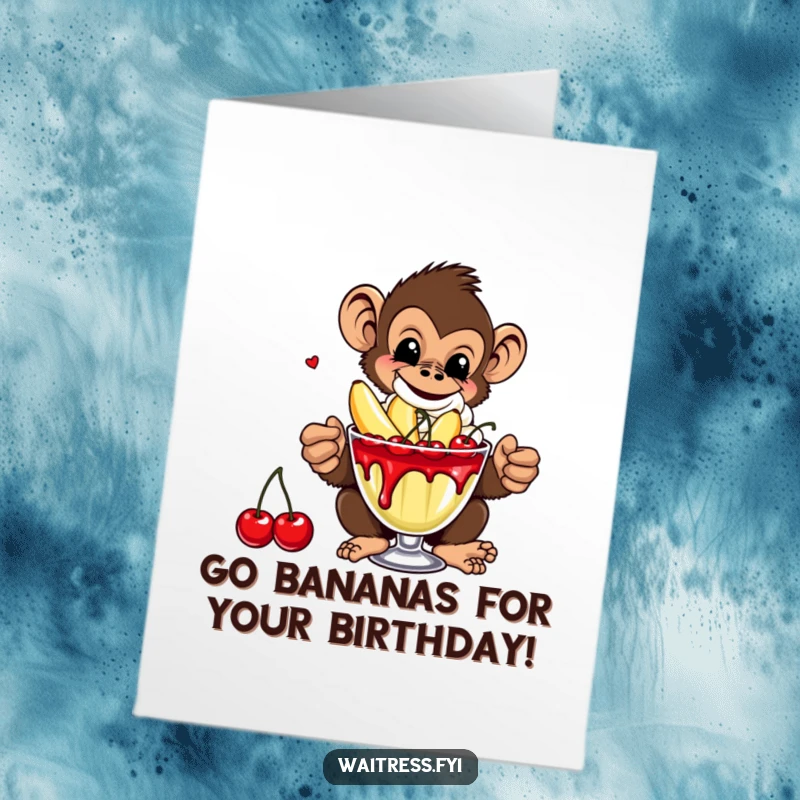 Funny Free Printable Birthday Card: A cheeky monkey serves a banana split piled high with cherries, ready for a birthday party.
