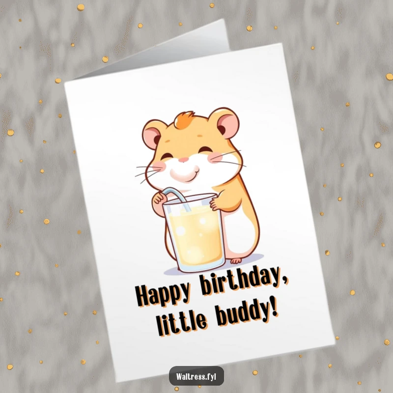 Free Printable Birthday Card: A happy hamster energetically refills a drink with a cheerful puff, celebrating a birthday.