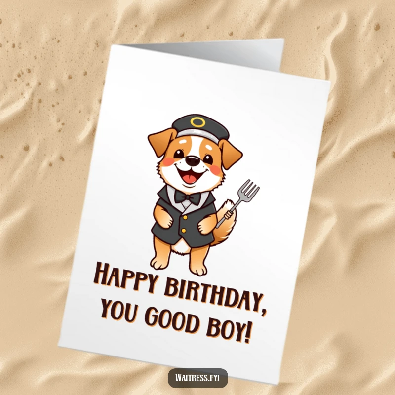 Funny Free Printable Birthday Card: A happy dog in a waiter outfit wags its tail enthusiastically, ready to serve birthday joy.