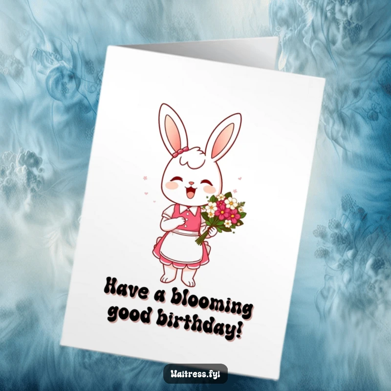 Funny Free Printable Birthday Card: Cheerful bunny waitress presents a flower bouquet with a curtsey, spreading joy.