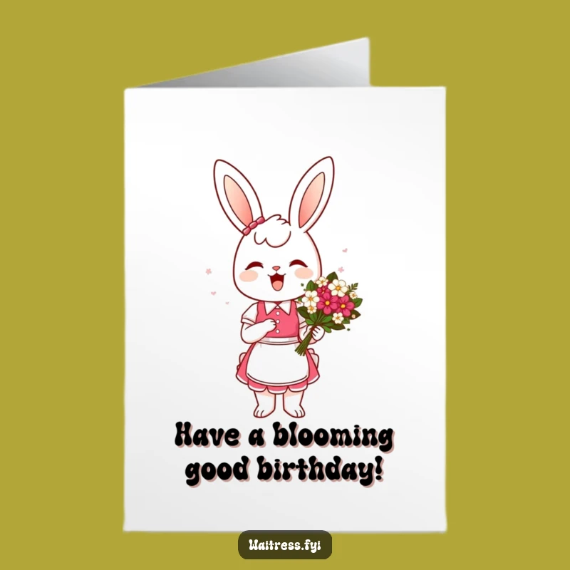 Free Printable Bunny Waitress Birthday Card: Funny Downloadable Floral Art