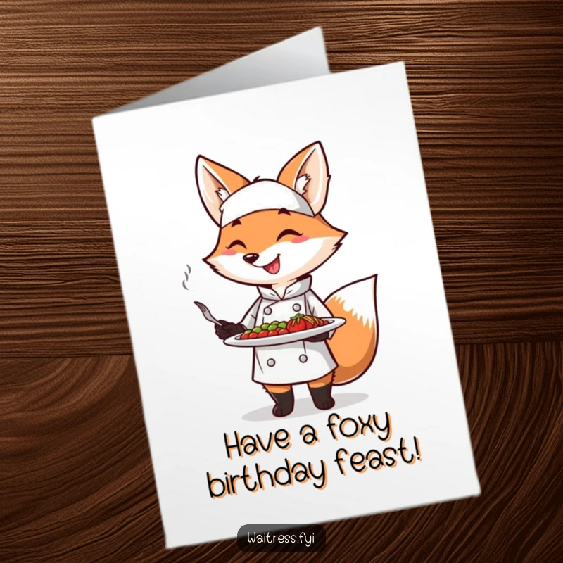 Funny Free Printable Birthday Card: Smiling fox chef proudly presenting a delicious-looking plate with a grand, theatrical flourish.