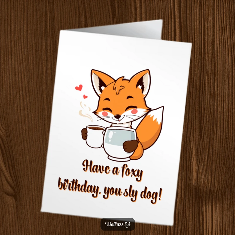 Funny Free Printable Birthday Card: A smiling fox in a waiter outfit serves coffee with a dramatic flourish and a confident wink.