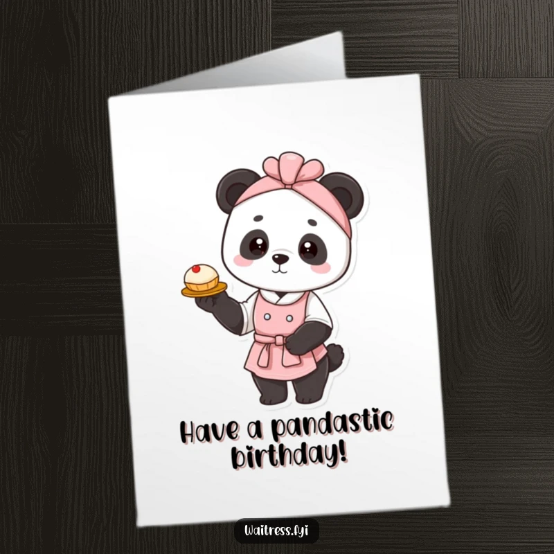 Funny Free Printable Panda Waitress Birthday Card: Graceful panda waitress elegantly presenting a single, delicious-looking pastry.