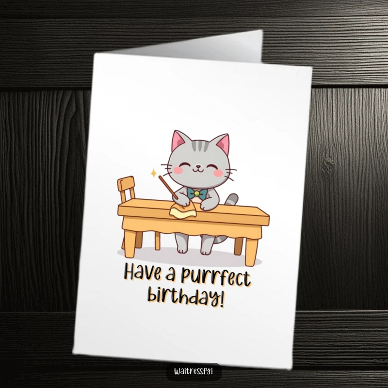 Funny free printable grey cat with bow tie wiping a table, perfect for birthday card.