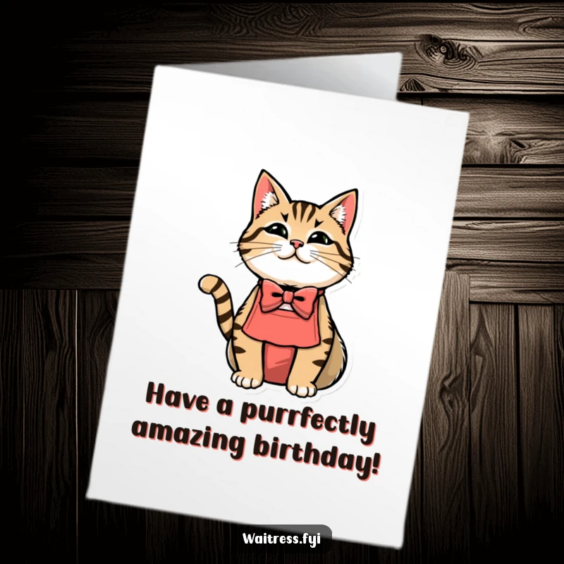 Funny free printable birthday card: An anthropomorphic cat wearing a bowtie and apron, presenting a birthday cake with a flourish.