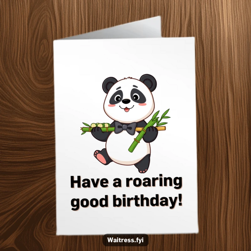 Funny Free Printable Birthday Card: A dapper panda in a bowtie presents a platter of bamboo shoots, wishing a happy birthday.
