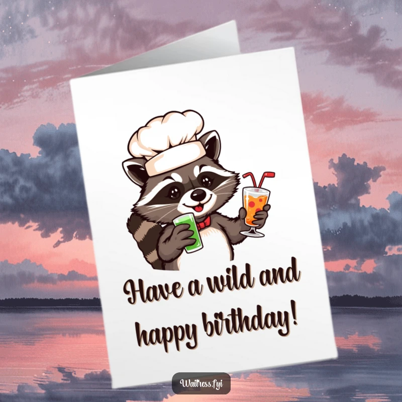 Funny free printable birthday card: A playful raccoon wearing a chef hat, expertly serving a tray of colorful drinks.