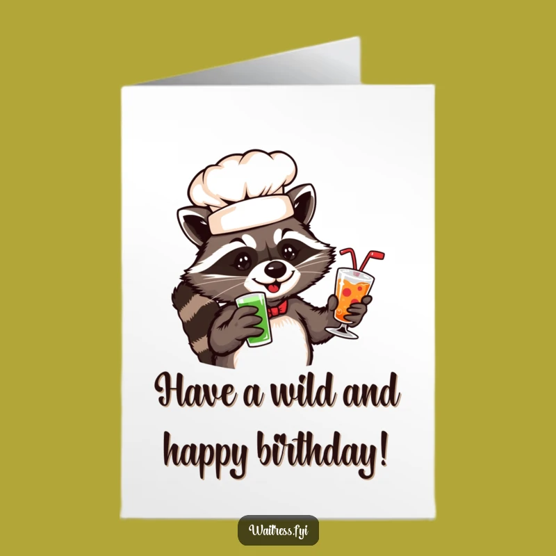 Free Printable Birthday Card: Raccoon Chef Serving Drinks, A Mischievously Funny Downloadable Gift!