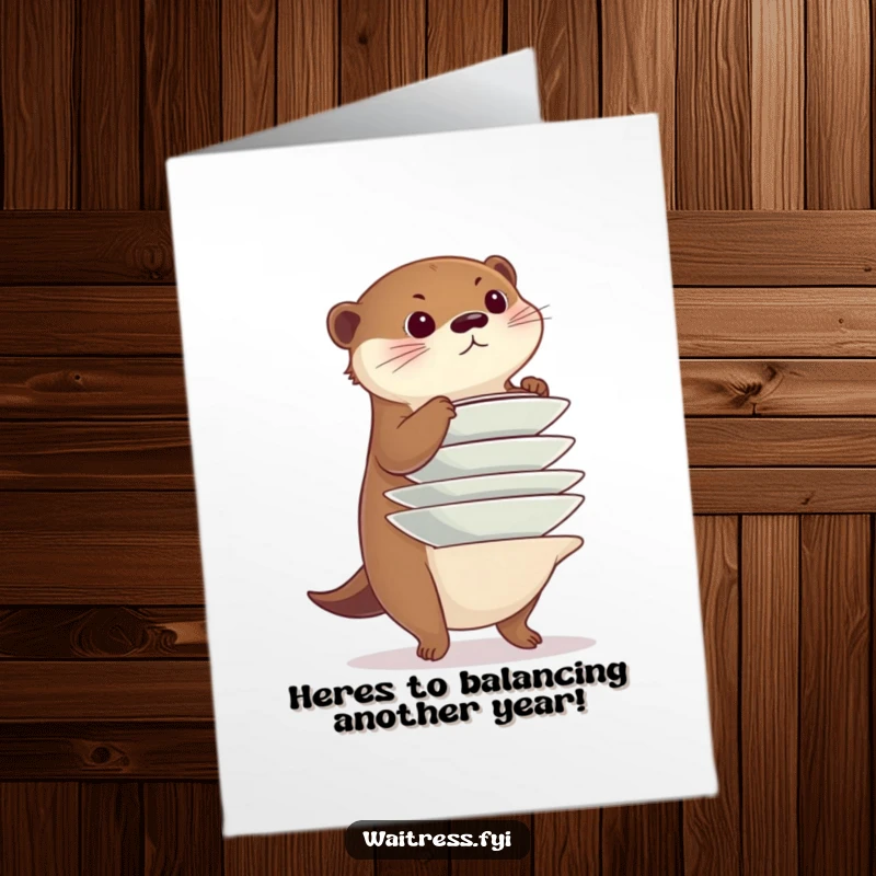 Funny Free Printable Birthday Card: Diligent otter balances a precariously tall stack of plates with a very focused gaze.