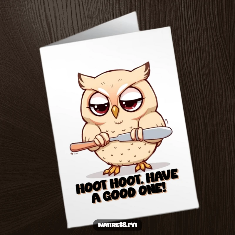 Funny Free Printable Birthday Card: Determined Kawaii owl polishing silverware with intense focus, ready for your birthday.