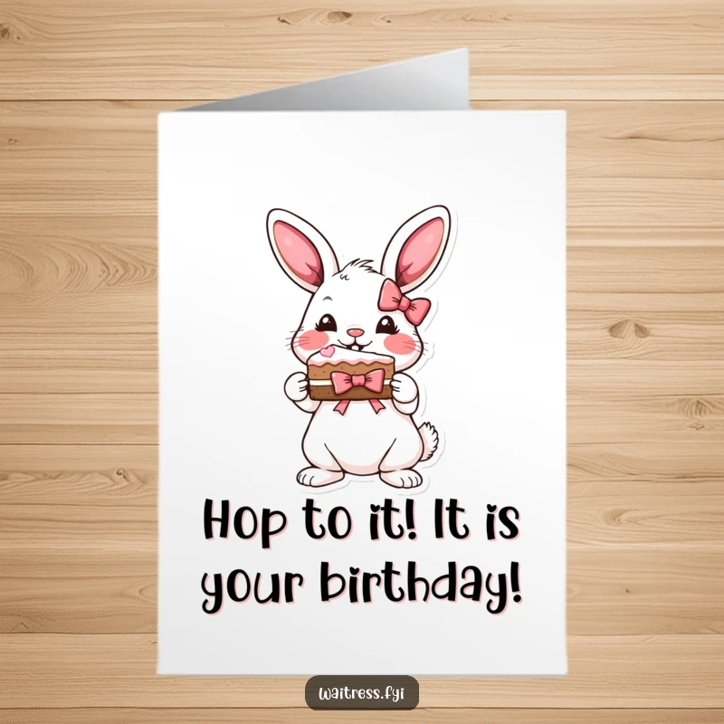Funny Free Printable Birthday Card: A playful bunny happily presents a slice of birthday cake adorned with a colorful bow.