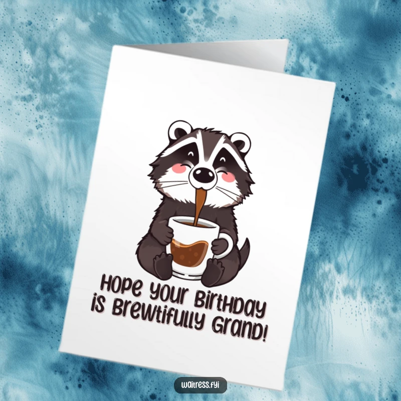 Funny Free Printable Badger Birthday Card: A friendly badger pours hot coffee into a mug, wishing you a happy birthday.