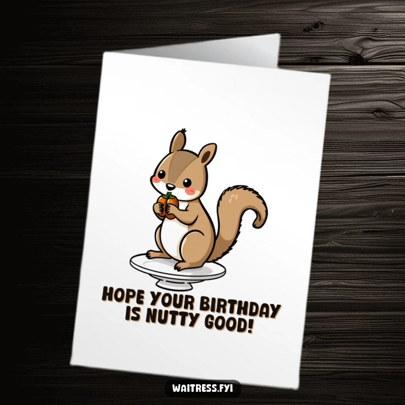 Funny Free Printable Birthday Card: A charming squirrel skillfully balances nuts on a small dish, wishing a happy birthday with a quirky grin.