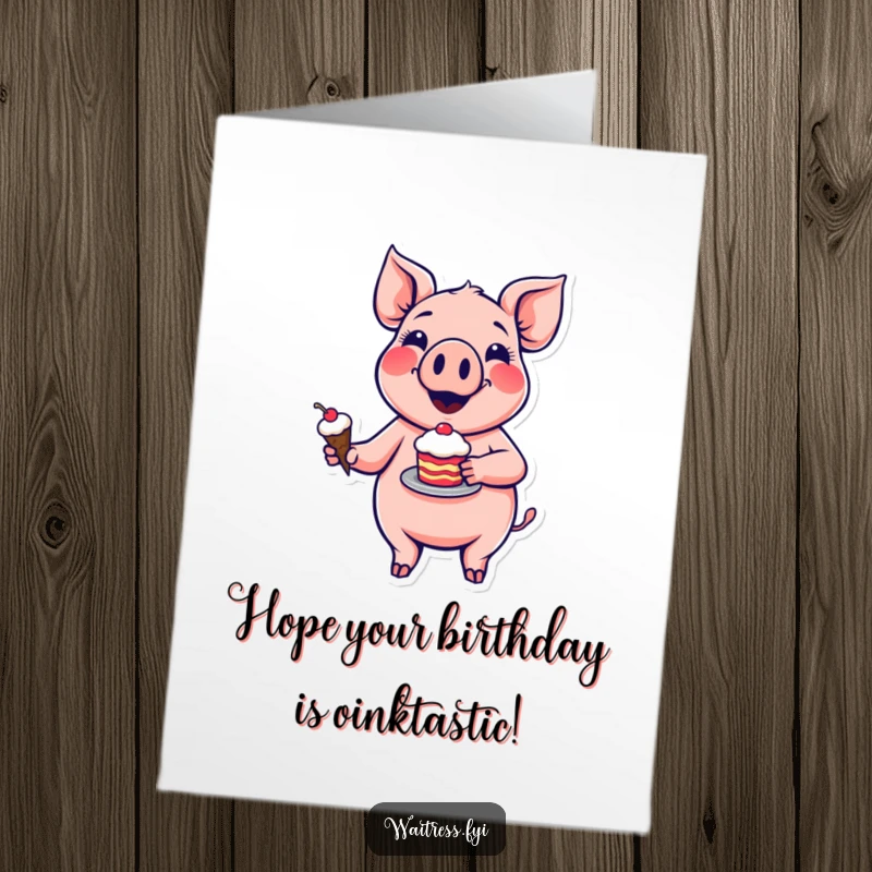 Funny Free Printable Pig Birthday Card: A cheerful pig with a big smile proudly presents a delicious looking dessert, ready for celebration.